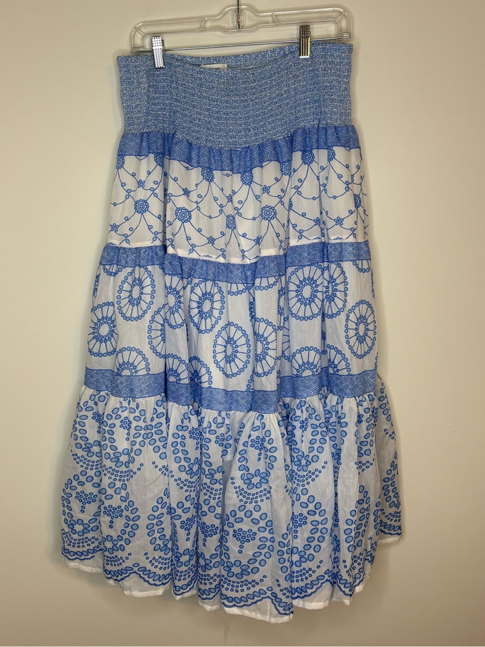 Zoey & Leelo Boho Beach Blue & White Flowy Maxi Skirt with Smocked Waist Size L